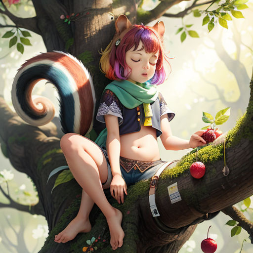 a painting of a girl sitting on a tree branch with a squirrel on her lap and a cherry on her hand