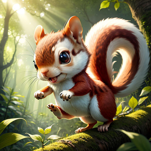 a squirrel is standing on a tree branch in the forest with sunlight streaming through the trees and leaves surrounding it