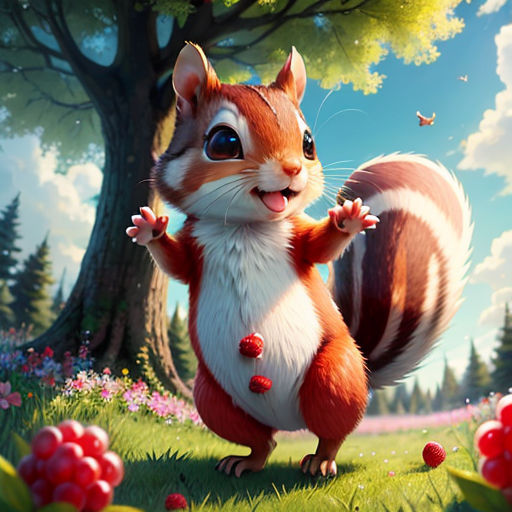 a squirrel standing on its hind legs in a forest with berries on it's tail and a butterfly flying above it