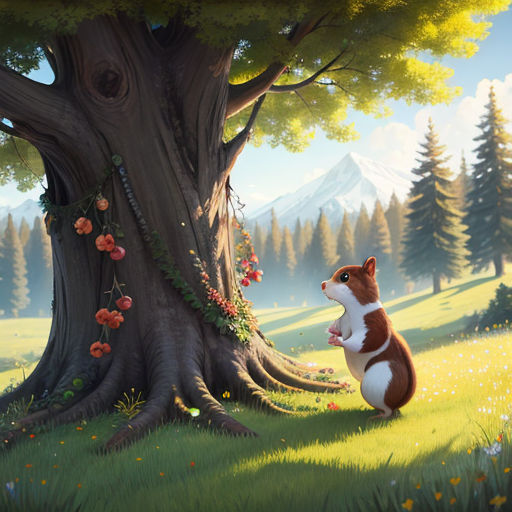 a painting of a squirrel sitting in front of a tree in a field with flowers and a mountain in the background