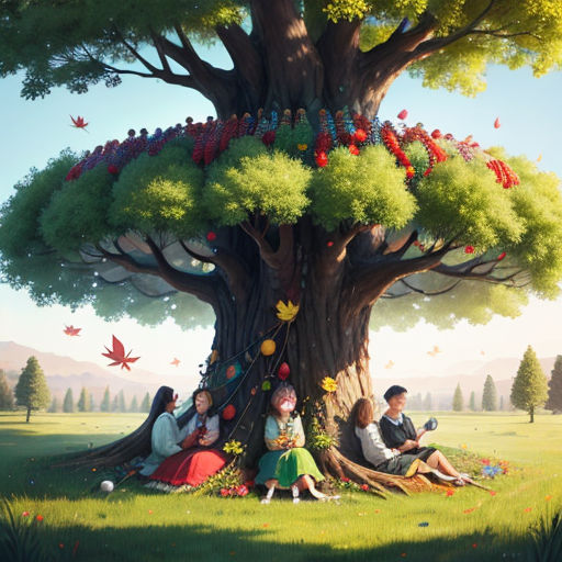 a family sitting under a tree with a book in their lap and a book in their lap, all surrounded by butterflies
