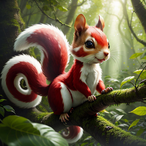 a red and white squirrel sitting on a tree branch in a forest with green leaves and sunlight shining through the trees