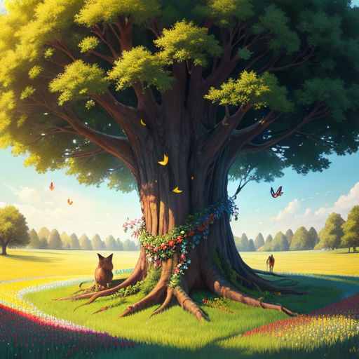 a painting of a tree with a cat sitting under it and butterflies flying around it, and a person walking in the distance