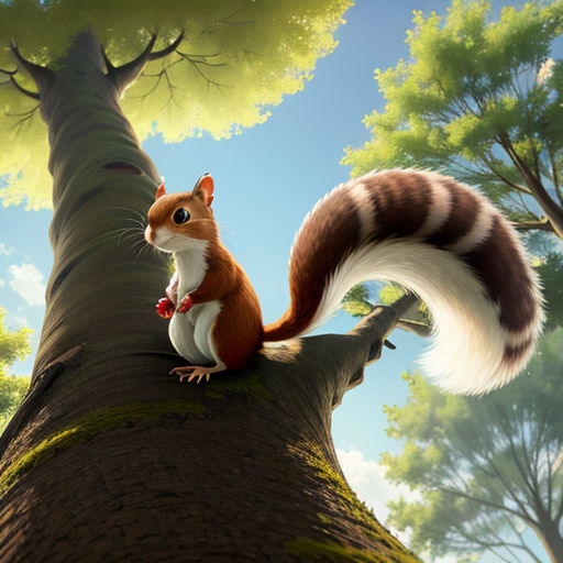 a squirrel sitting on top of a tree trunk in a forest with a sky background and clouds above it