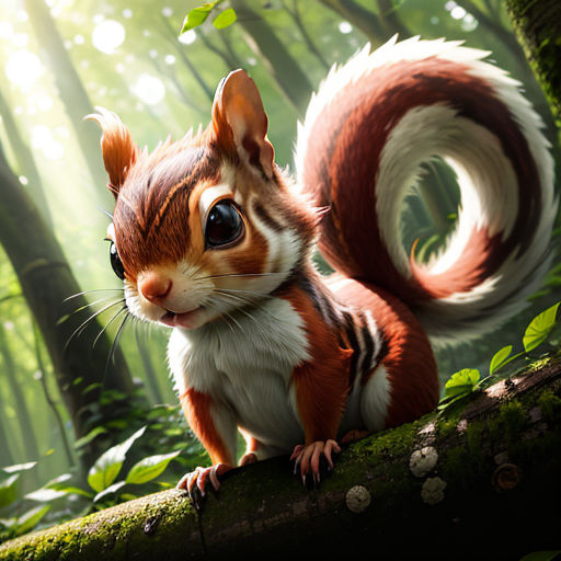 a squirrel is standing on a tree branch in the woods with sunlight shining through the trees behind it and a background of green leaves