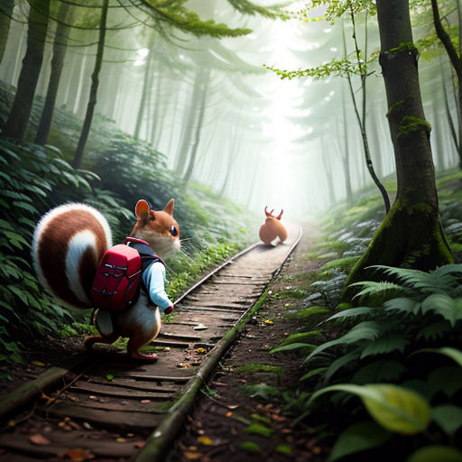 a couple of animals that are on a train track in the woods with trees and bushes behind them and a person with a backpack