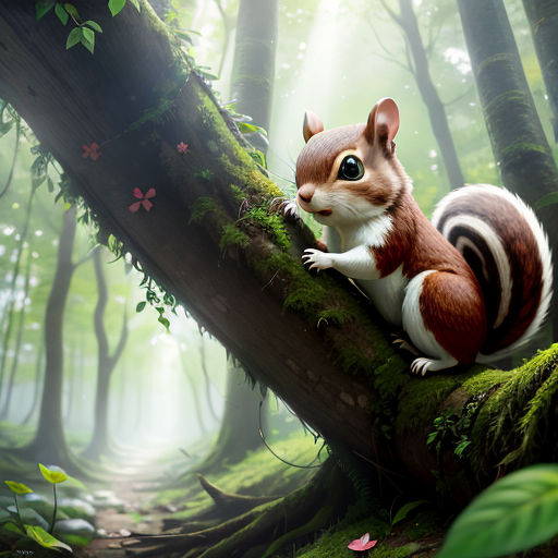 a painting of a squirrel sitting on a tree branch in a forest with a trail in the background and a butterfly flying overhead