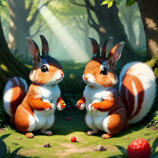 two rabbits are sitting in the grass near a forest with eggs and mushrooms on the ground, and one bunny is standing up