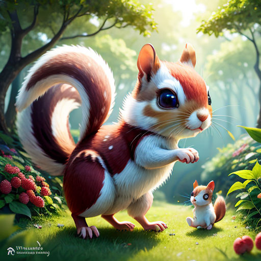 a squirrel and a squirrelling in a forest with flowers and trees in the background, with sunlight shining through the trees