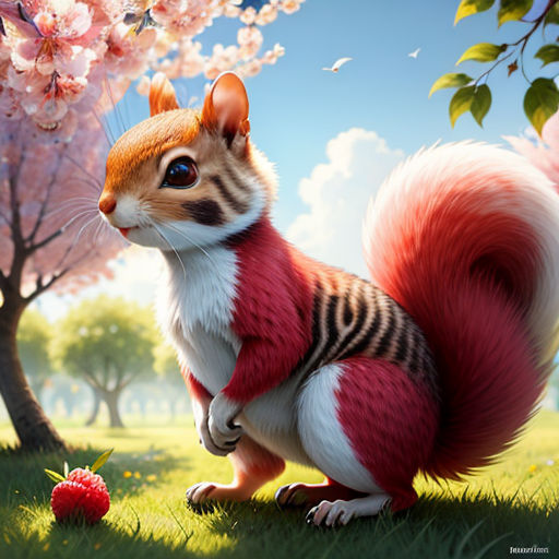 a squirrel is standing in the grass with a berry in its mouth and a tree in the background with pink flowers