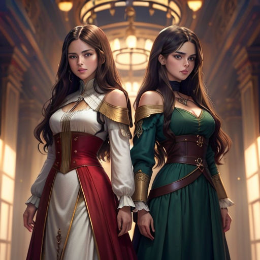 two women in renaissance dresses standing next to each other in a hallway with a chandelier on the ceiling