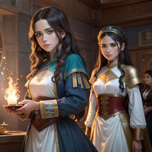 two women in renaissance costumes holding a candle in a room with other people in the background and a mirror in the corner