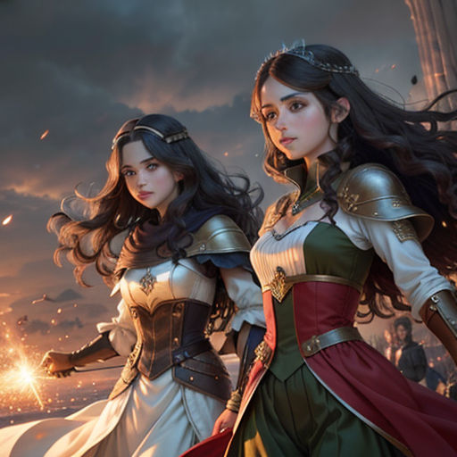 two women in medieval dress standing next to each other in front of a castle with fireworks in the sky