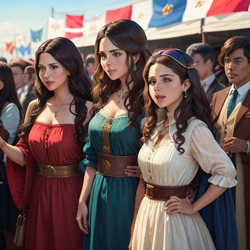 a group of women in renaissance dresses standing next to each other in front of a crowd of people in a tent