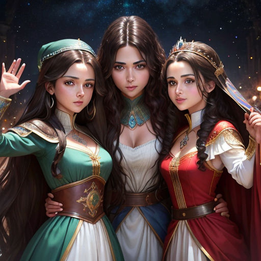 three women dressed in medieval costumes standing next to each other in front of a night sky with stars and a star