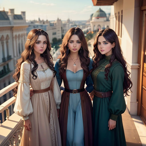 three women in renaissance dresses standing on a balcony overlooking a cityscape and buildings in the background, with a woman in a long dress and a woman in a long dress