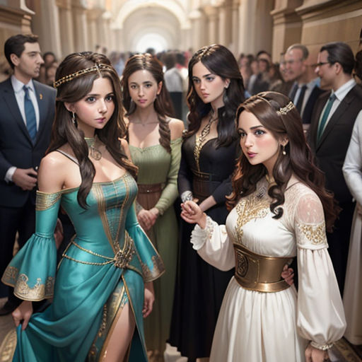 a group of women in renaissance costumes standing in a hallway together, all dressed in renaissance clothing and holding hands