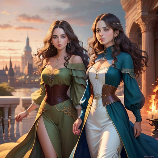 two women in renaissance costumes walking down a street together, with a city in the background and a castle in the background