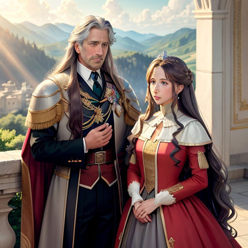 a man and woman dressed in renaissance costumes standing next to each other on a balcony overlooking a mountain range
