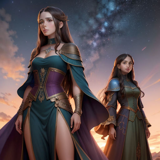two women in medieval dress standing in front of a sunset with stars in the sky behind them and a star in the sky