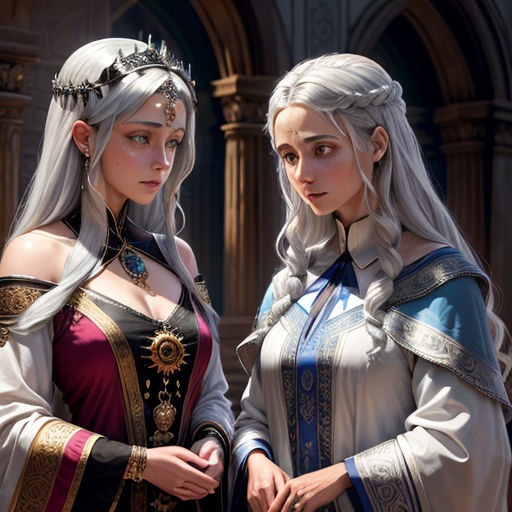 two women in medieval costumes standing next to each other in front of a building with arches and arches on it
