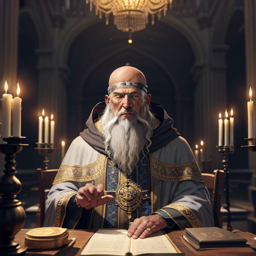 a man with a long beard and a long white beard sitting at a table with a book and a candle