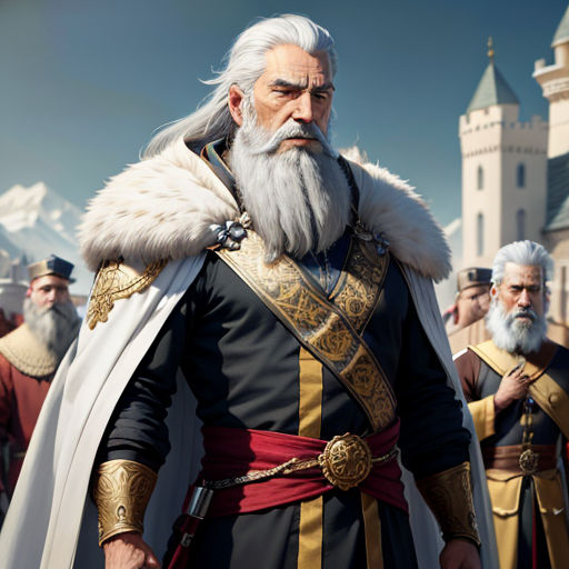 a man with a beard and a long white beard in a medieval costume standing in front of a castle