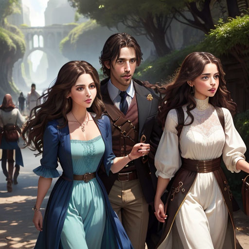 a man and two women walking down a street together in renaissance dress clothes and hats, with a man in a suit and tie
