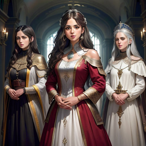 a group of women in medieval dress standing next to each other in a hallway with a window behind them