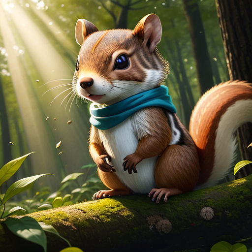 a squirrel is sitting on a log in the woods with a scarf around its neck and eyes wide open