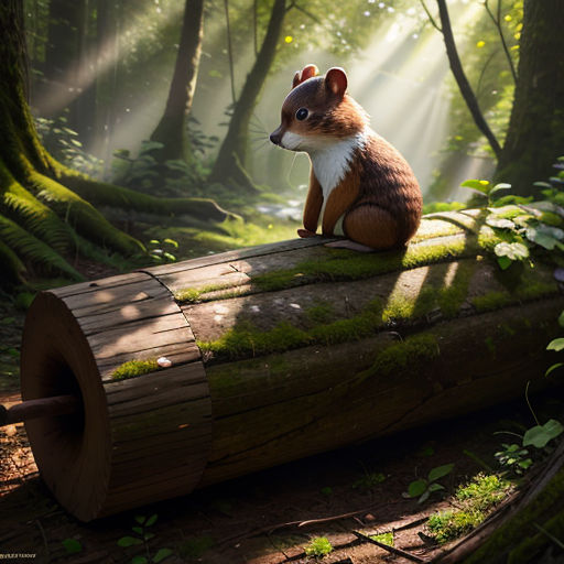 a stuffed animal sitting on top of a log in the woods with sunlight streaming through the trees behind it