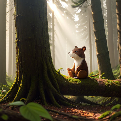 a stuffed animal sitting on a tree branch in a forest with sunlight streaming through the trees and fog in the air