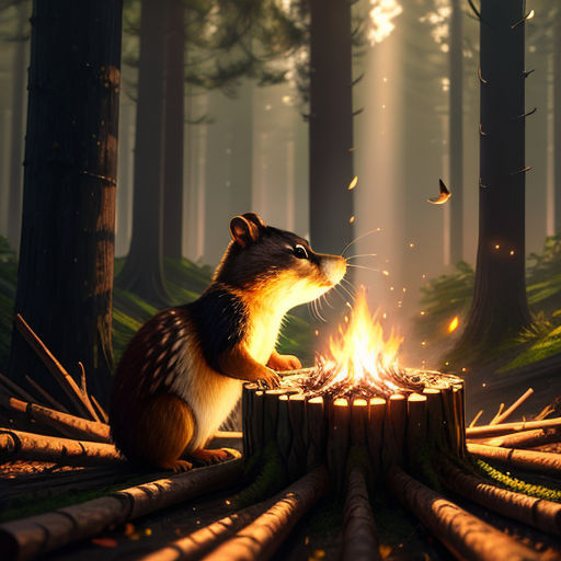a small animal sitting on top of a log in the woods next to a fire pit with a glowing fire