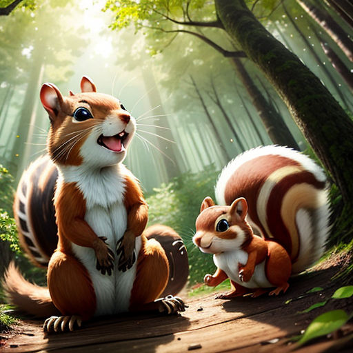 a squirrel and a squirrelling are sitting in the woods together, with sunlight shining through the trees behind them