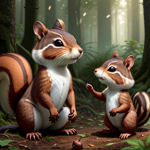 a couple of animals that are standing in the dirt near trees and grass in the woods, with one of them looking at the other