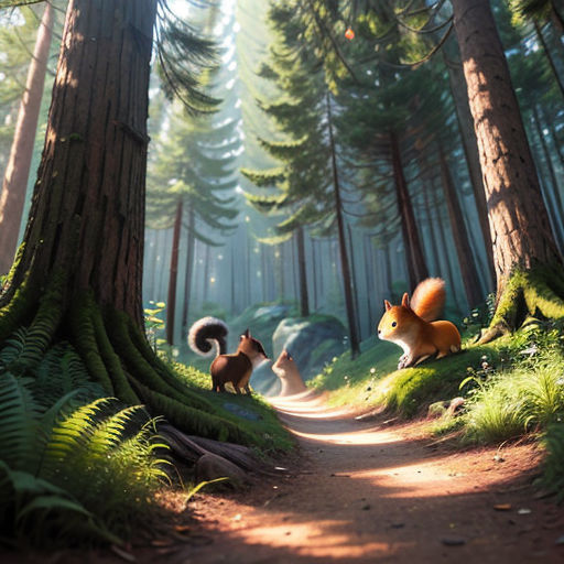 a couple of animals that are standing in the dirt road in the woods with trees and grass on both sides of the road