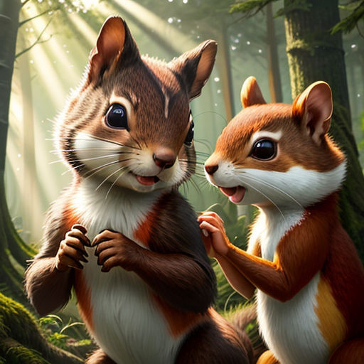 a painting of two chipmuns in the woods with sunlight streaming through the trees behind them and a person holding a camera