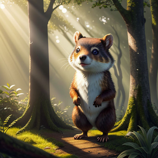 a painting of a raccoon standing on a path in a forest with sunlight streaming through the trees