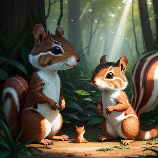 a painting of two squirrels in a forest with a baby squirrel in the foreground and a baby squirrel in the background