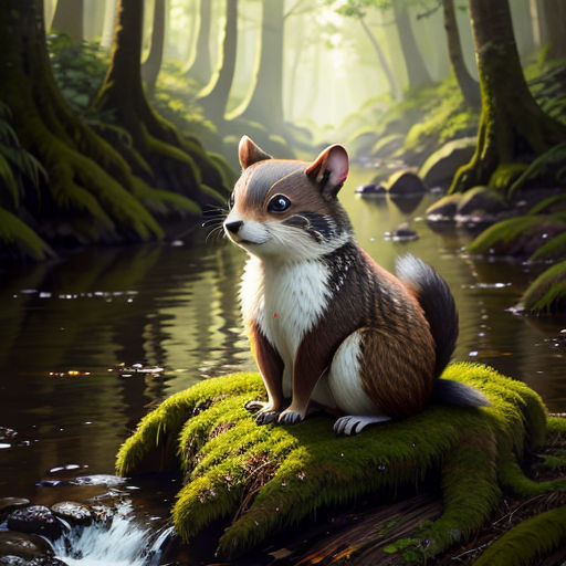 a painting of a fox sitting on a mossy rock in a forest with a stream running through it