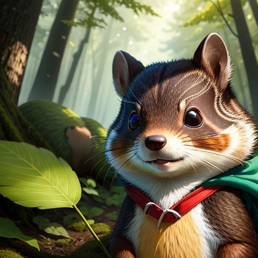 a cartoon animal with a cape on in the woods with a leafy background and a forest scene in the background