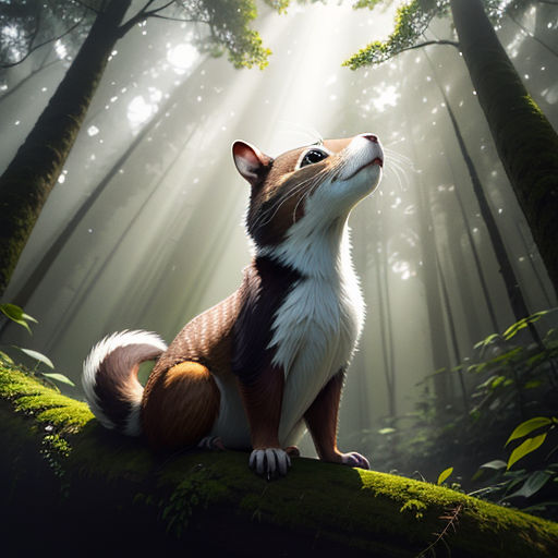 a painting of a fox in the woods looking up at the sky with beams of light coming from the trees