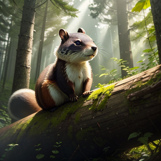 a small animal sitting on a log in the woods with sunlight streaming through the trees behind it and a forest floor