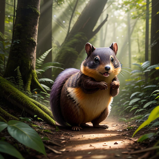 a cartoon squirrel is standing in the middle of a forest with a light shining on it's face