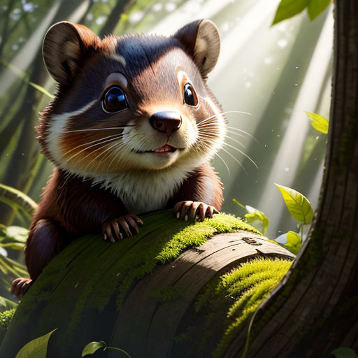 a painting of a small animal sitting on a log in a forest with sunlight streaming through the trees and leaves