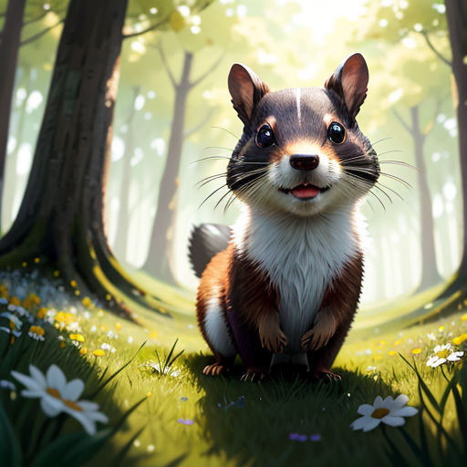 a painting of a dog in a forest with daisies and trees in the background, with a sunbeam