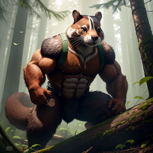 a cartoon character is standing in the woods with a big furry animal in his hands and a backpack on his back
