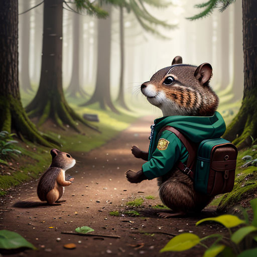 a painting of a raccoon and a squirrel in the woods with a backpack on their back,