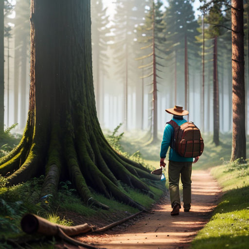 a man with a backpack walks down a path in the woods with a tree trunk on the side of the path