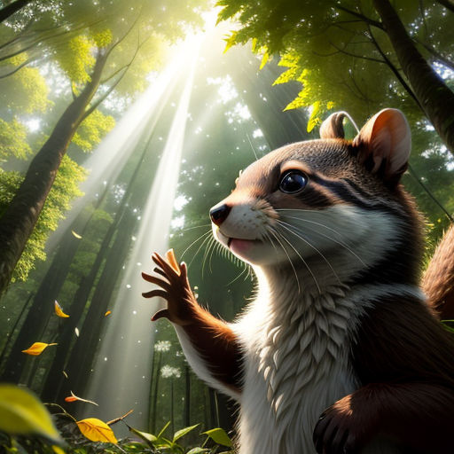 a painting of a squirrel in the woods with sunlight coming through the trees and leaves on the ground, with a hand reaching out to the ground